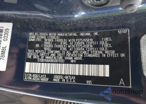 2008 Toyota Sequoia Limited 5.7L V8 из США, поврежденный, VIN 5TDBY68A98S001593